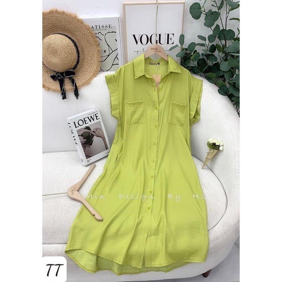 Váy Đầm Sơ Mi Ngắn Tay Cổ Đức Phối Túi Ngực Vạt Bầu Dáng Suông Chất Thô Mềm Phong Cách Thanh Lịch