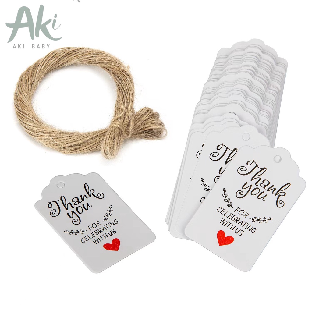 Akibaby- 100 Tag cảm ơn thank you treo hình chữ nhật giấy da bò kraft xinh xắn tặng 20m dây đay dây gai handmade