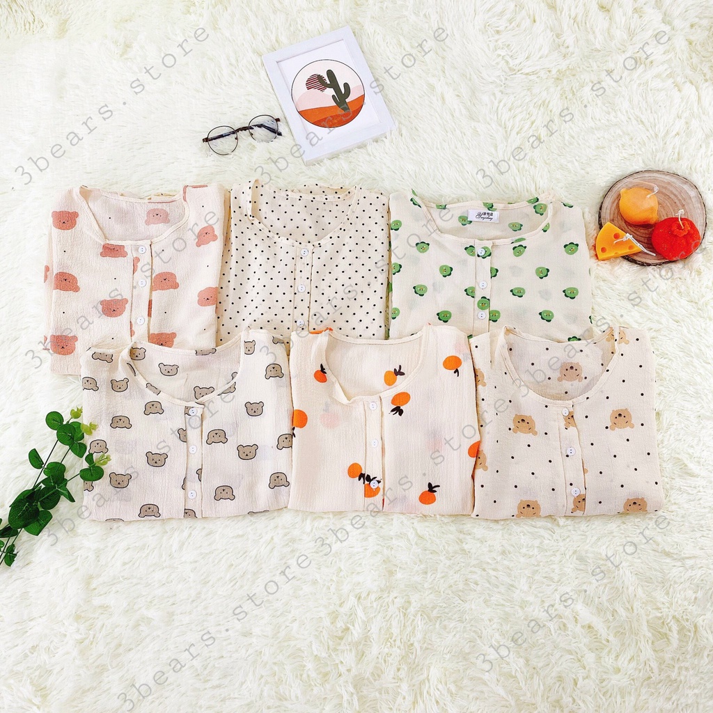 (Ảnh thật - 3bears.store tự chụp) Đồ bộ ngủ nữ dài chất đũi xốp phong cách Hàn Quốc (tay dài, cổ tròn, quần dài) | BigBuy360 - bigbuy360.vn