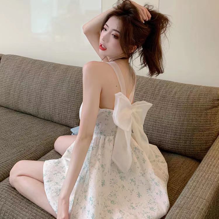 Đầm Hai Dây Họa Tiết Hoa Thắt Nơ Phong Cách Pháp Ngọt Ngào Cho Nữ