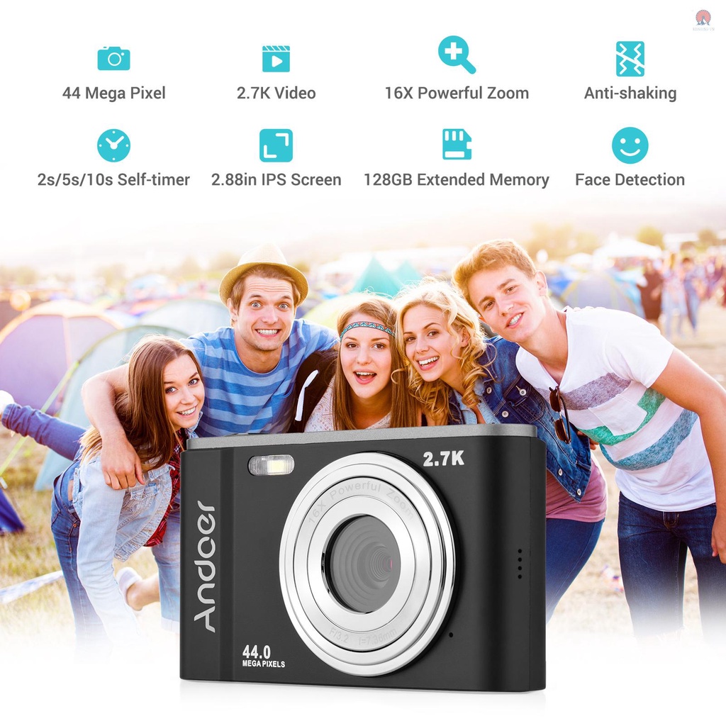 Máy ảnh kỹ thuật số Andoer mini 44MP 2.7K 2.88-inch IPS màn hình 16X zoom 128GB 1/4
 | BigBuy360 - bigbuy360.vn
