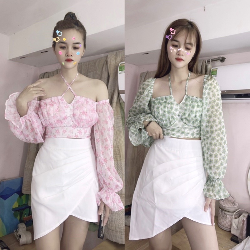 Set hoa dây chân váy trắng