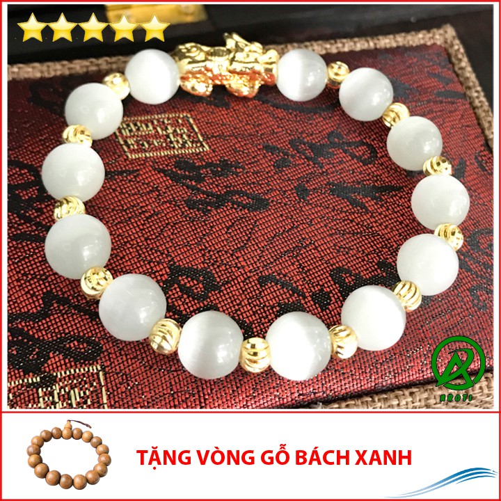 V245-10 Vòng phong thủy mắt mèo trắng 10 ly mix tỳ hưu - Mệnh Kim - Thủy V245-10(GB)- Kèm Vòng Gỗ Bách Xanh