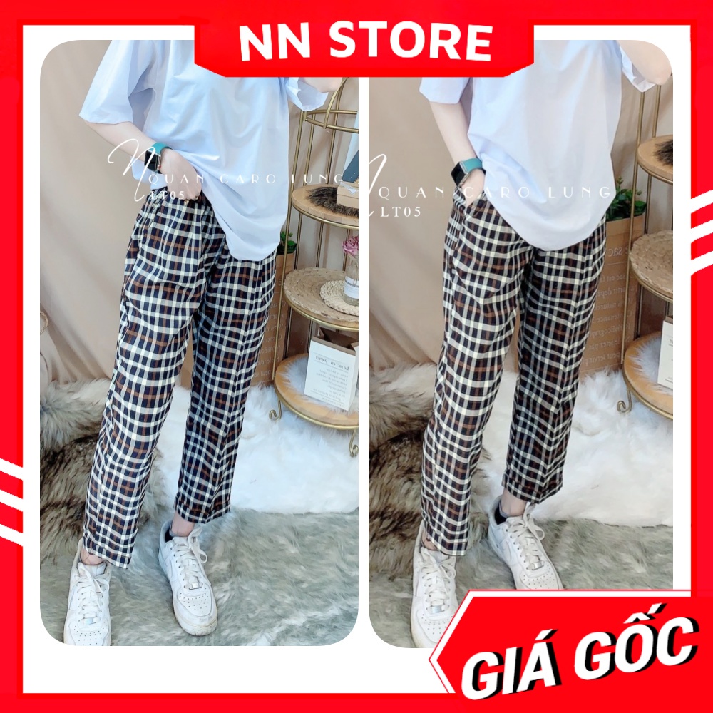Quần tây nữ 9 tấc ống đứng lưng thun vải mềm phối sọc kẻ caro dễ thương LT05