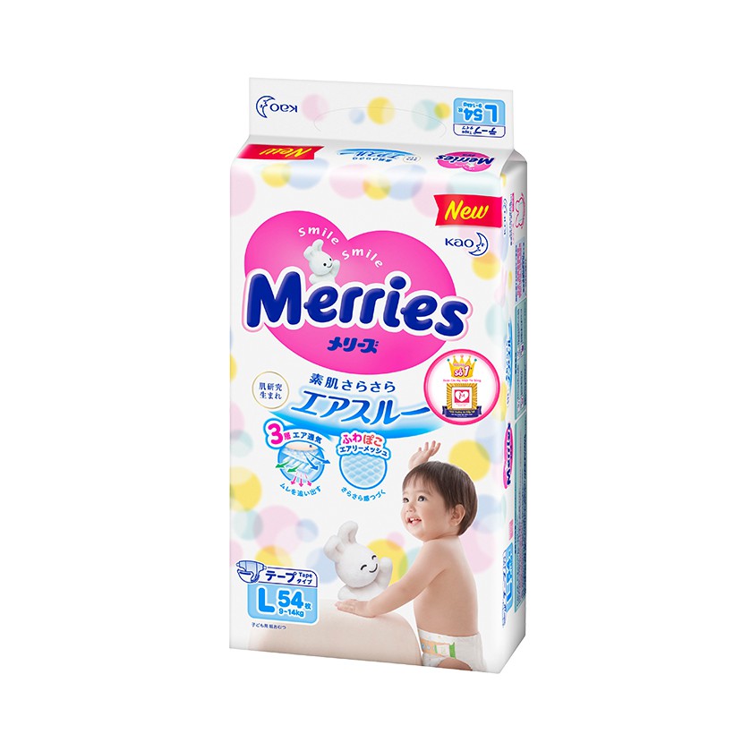 Tã/bỉm dán Merries size L - 54 miếng (Cho bé dưới 9-14 kg)