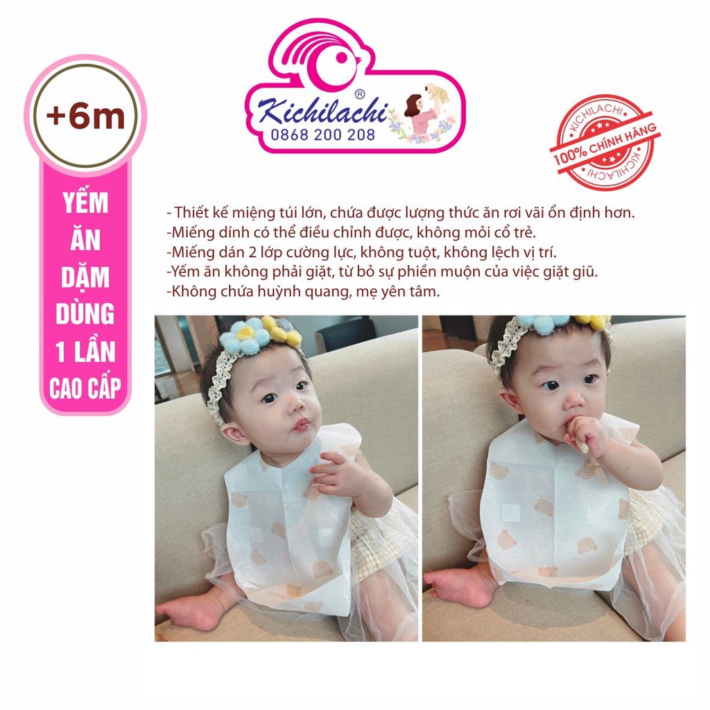 Yếm Giấy Ăn Dặm Cho Bé Kichilachi Có Máng , Dùng Một Lần, Tự Phân Hủy, Vệ Sinh Nhanh Gọn Sau Mỗi Bữa Ăn ( 20 Chiếc/Hộp)