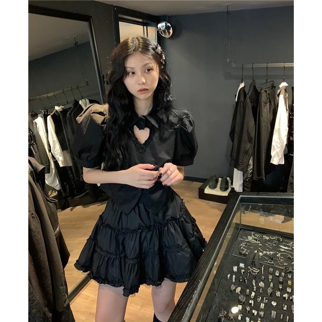 Set Áo Sơ Mi Tay Phồng Kèm Chân Váy Ngắn Xếp Tầng Thời Trang Mùa Hè Dành Cho Nữ