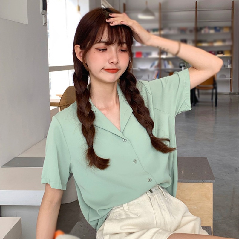 Áo Sơ Mi Tay Ngắn Dáng Rộng Cài Khuy Màu Sắc Đơn Giản Thời Trang Cho Nữ