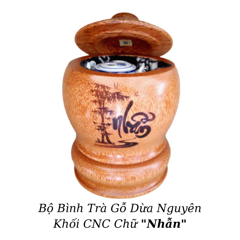 Bộ Bình Trà Gỗ Dừa Có Chân Hoa Văn "Chữ Nhẫn"; "Chữ Gia Đình"; "Chữ Cát Tường", "Chữ Tài Lộc" - Bình Trà 400 - 500ml