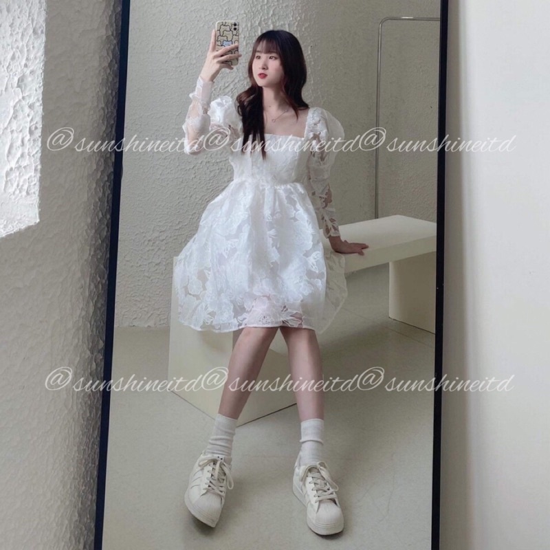 Đầm Váy BabyDoll Hoa Nhí Pretty In Rose Dress Tay Phồng Dài Xoè Màu Trắng Ren Sang Tiệc Sinh Nhật
