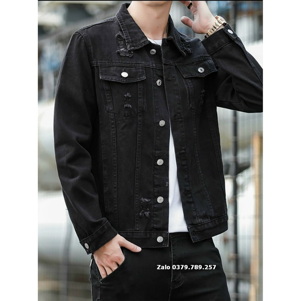 Áo khoác jean nam xám đen chữ M - áo đen rách cao cấp túi trong 2 lớp form rộng Chiwawa shop