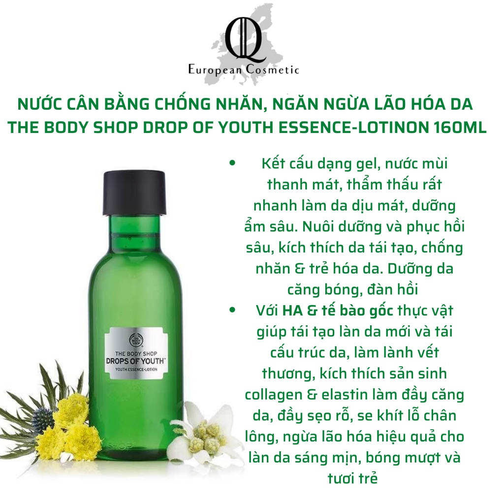 Nước dưỡng chống nhăn lão hóa tái tạo da the body shop drops of youth essence lotion 160ml