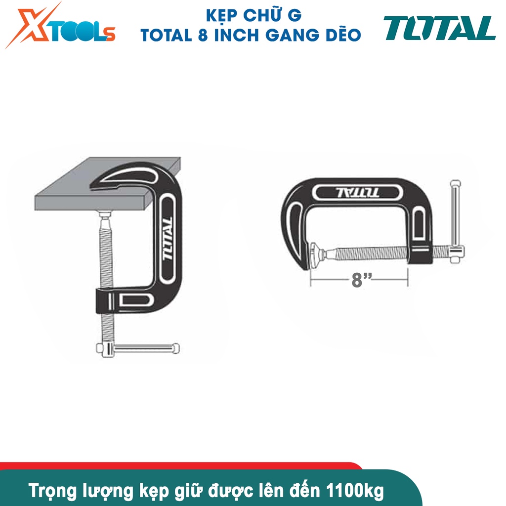 Cảo chữ C đa năng cao cấp TOTAL 8&quot; kẹp chữ G chất liệu gang đúc nguyên khối không gỉ chịu lực 1100kg- CHÍNH HÃNG-XTOOLS