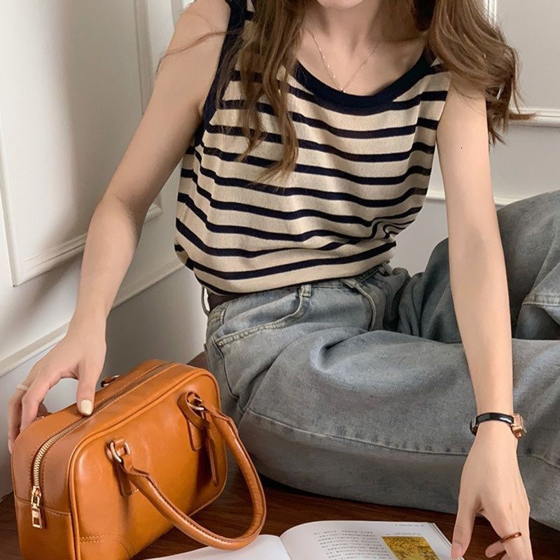 Áo sát nách dệt kim buộc dây kẻ sọc thời trang Hàn Quốc cho nữ