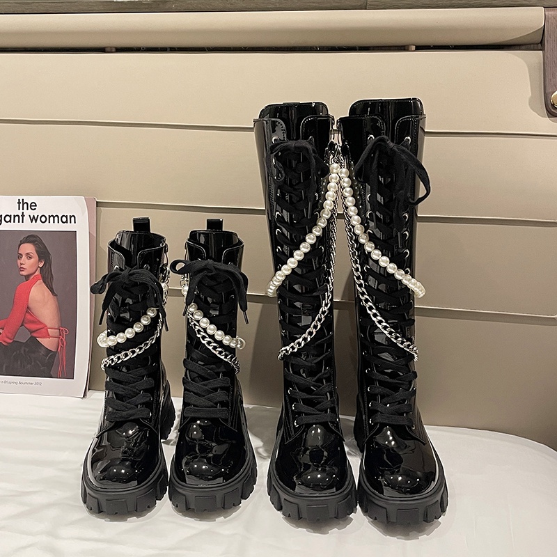 Giày bốt martin da bóng đế dày thắt dây đính ngọc trai giả có thể tháo rời thời trang dành cho nữ  | BigBuy360 - bigbuy360.vn