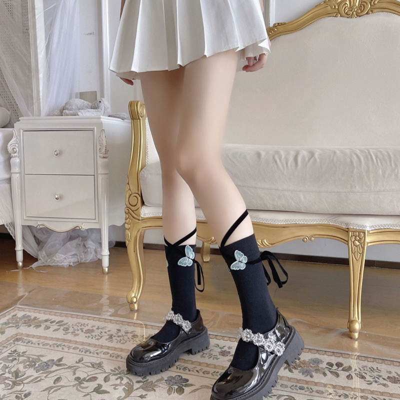 Vớ Cotton Cổ Thuyền Cột Dây Họa Tiết Bướm 3D Phong Cách Lolita Cho Nữ
