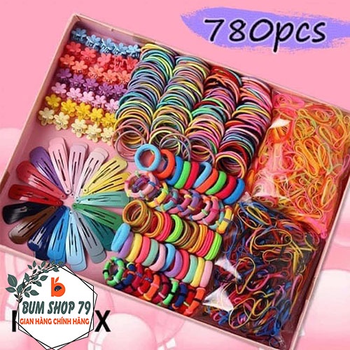 Set dây buộc tóc cho bé gái 780 chi tiết siêu xinh, Hộp dụng cụ dây cột tóc hàn quốc dễ thương cho bé 780 món