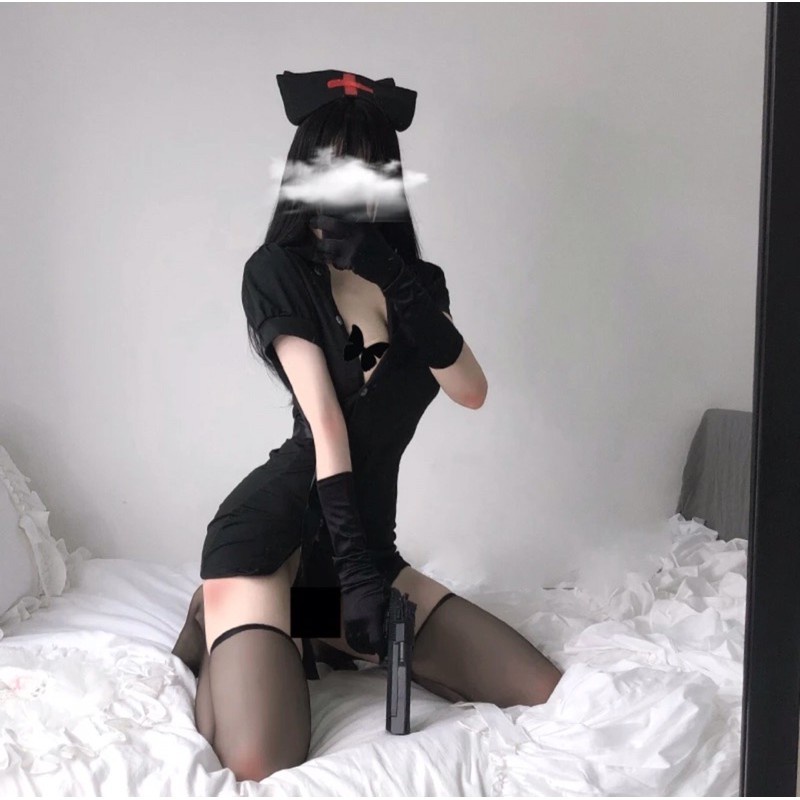 Đồ ngủ y tá sexy, set cosplay cô y tá gợi cảm kèm nón 3 màu hồng trắng đen dễ thương CICI BONITA CP43 ship hoả tốc HCM