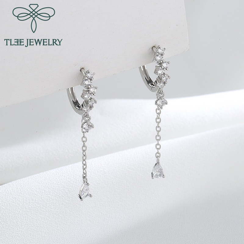 Khuyên tai bạc tròn nữ TLEE tua đá dài nữ tính sang trọng TleeJewelry B0159