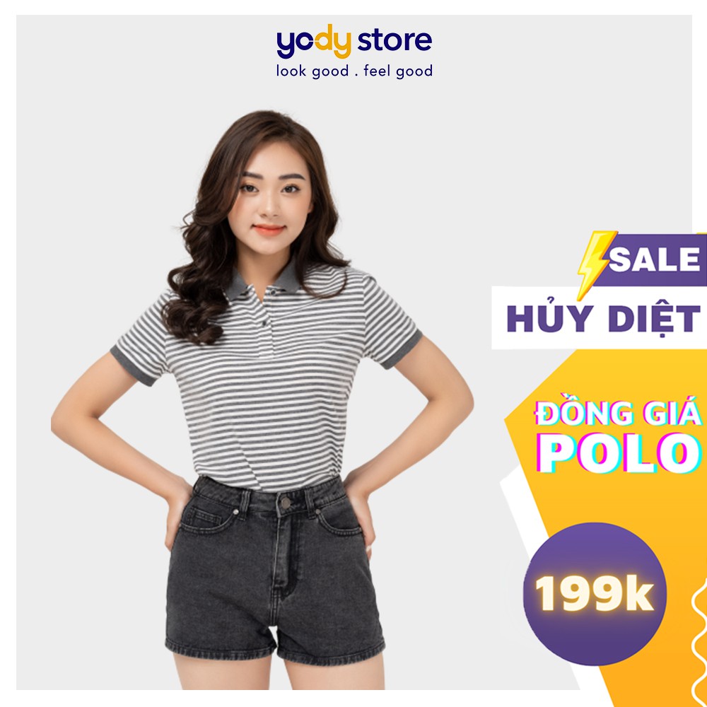 Áo polo nữ kẻ melange thương hiệu YODY dáng basic chất cotton - APN4172
