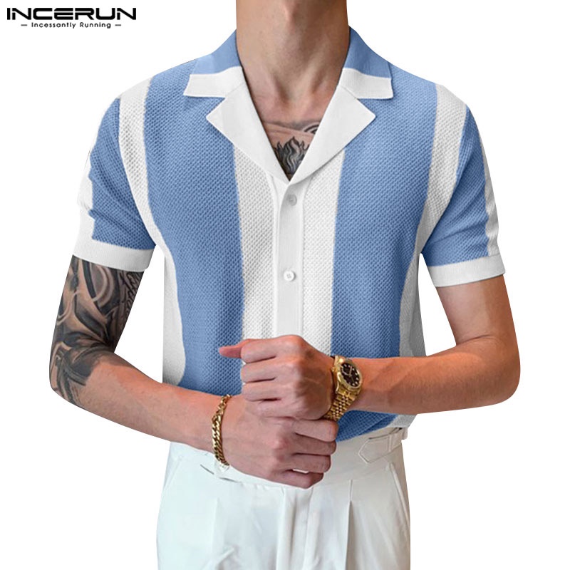 Áo sơ mi INCERUN kẻ sọc tay ngắn dệt kim thời trang hè cho nam