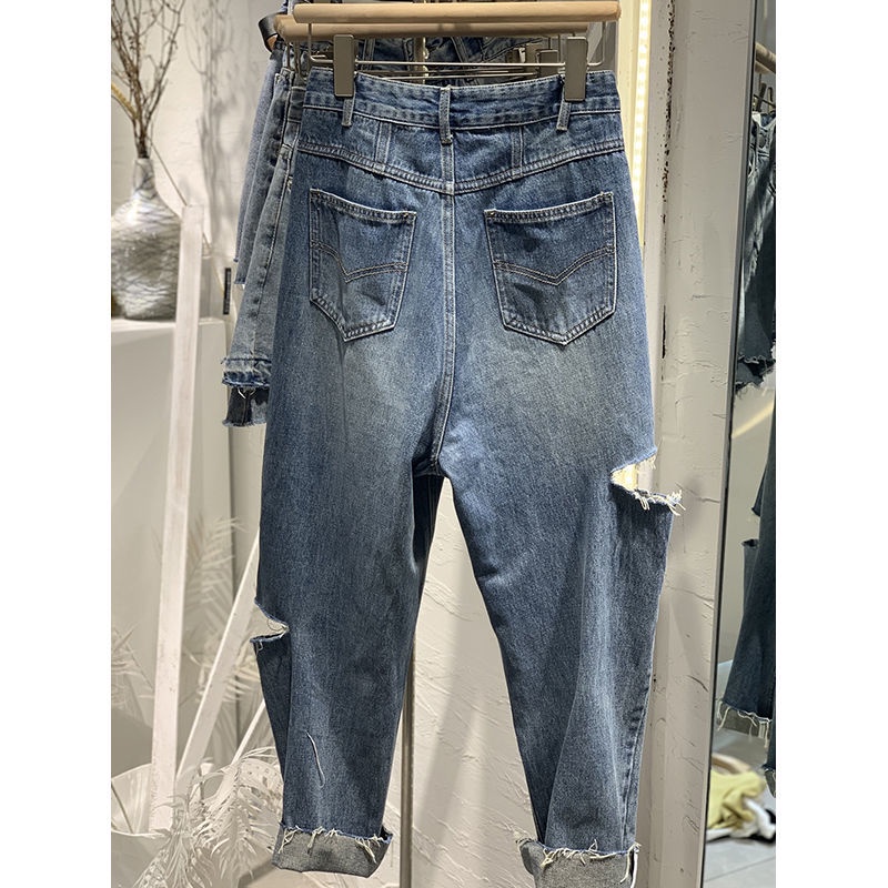 Quần Jean Dài Lưng Cao Ống Đứng Phối Rách Gối Thời Trang Theo Phong Cách Hàn Quốc