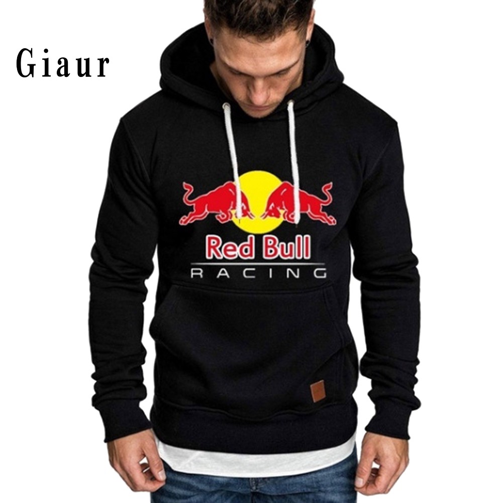 GIAUR  Outdoor Sport Men Red Bull Print Drawstring Hoodie Long Sleeve Hooded Sweatshirt