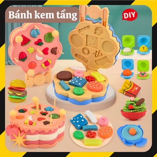 Đồ Chơi Bánh Kem Sinh Nhật Nhiều Tầng Kết Hợp Khuôn Làm Bánh Hamburger, Hoa Quả, Cơm Nắm Từ Đất Nặn Dành Cho Bé