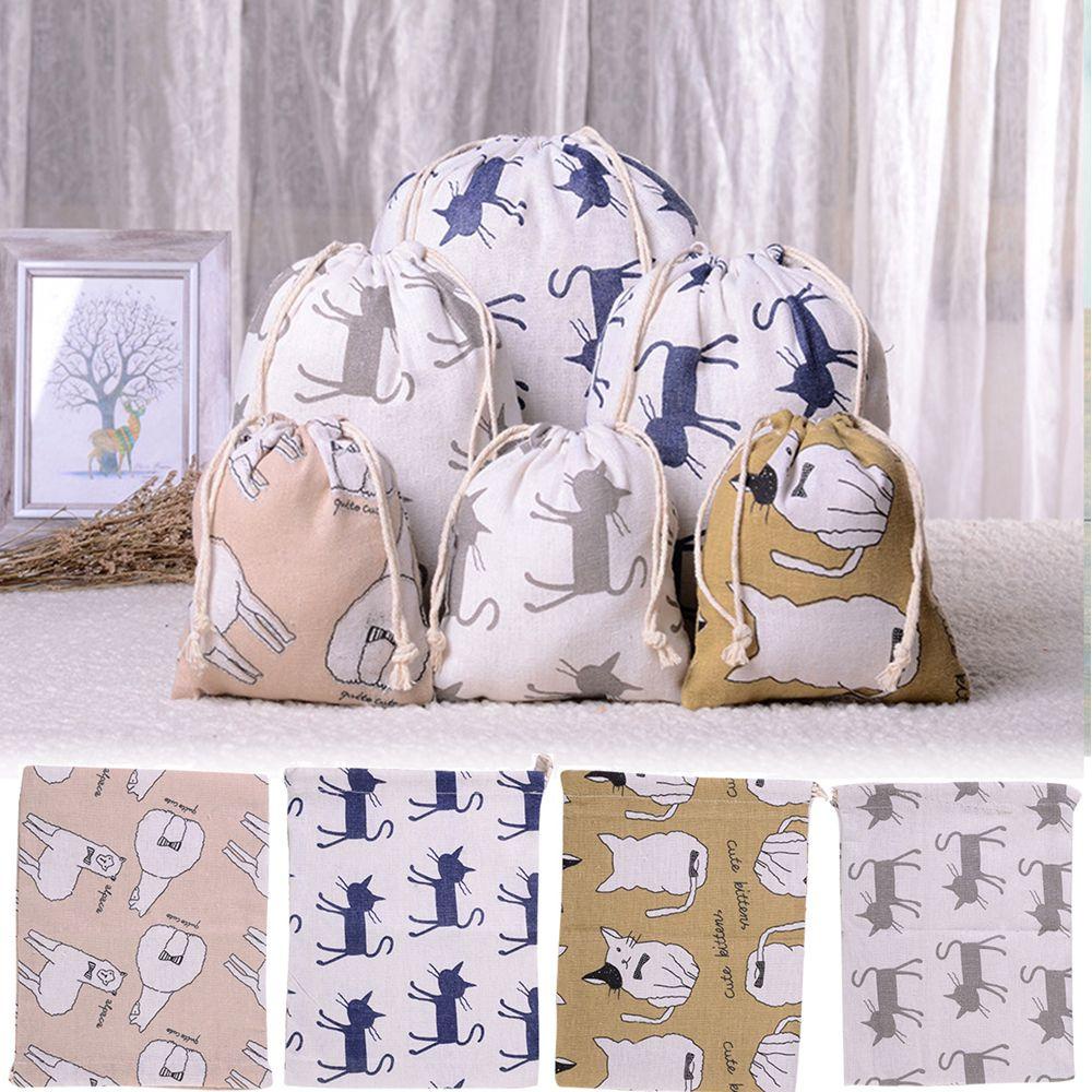 Túi Dây Rút Đựng Mỹ Phẩm / Chìa Khóa / Tiền Xu Bằng Vải Lanh Cotton In Hình