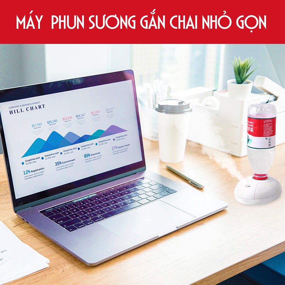 Máy phun sương tạo ẩm không khí siêu âm 3 chế độ, cổng USB, dùng chai nước siêu tiện lợi