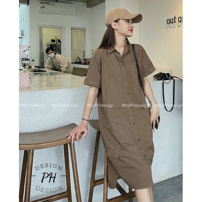 Đầm bầu công sở mùa hè Dambauxinh-L1125 Váy bầu thiết kế sơ mi mặc được sau sinh cúc thật