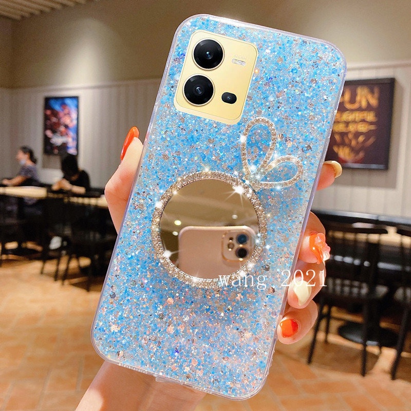 Ốp Điện Thoại Silicon Mềm Đính Đá Lấp Lánh Gắn Kèm Gương Trang Điểm Cho VIVO Y16 V25 V25e 5G Y35 2022 Y22 Y22s 2022