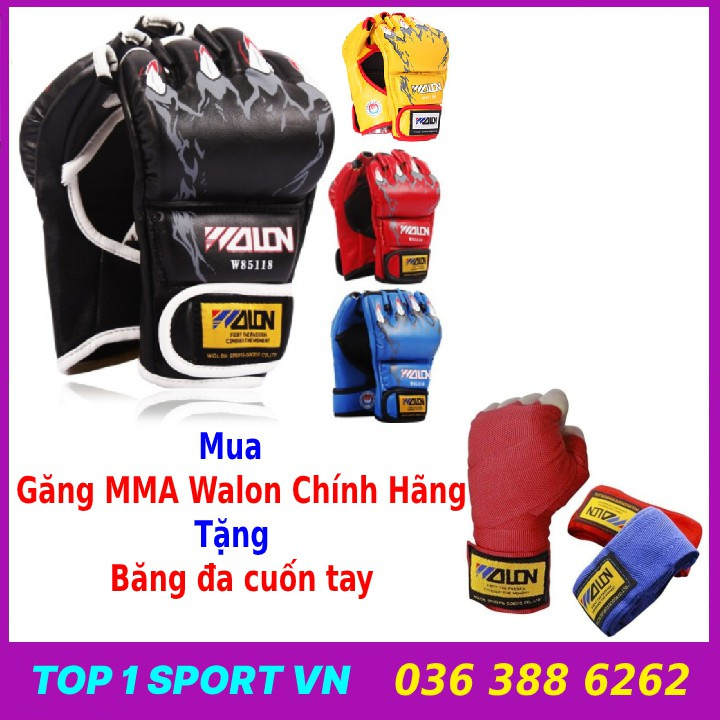 Găng bao tay đấm bốc boxing mma Walon hở ngón - Tặng băng đa, Thiết bị tập boxing, mma, trainning,sparring chuyên ngh