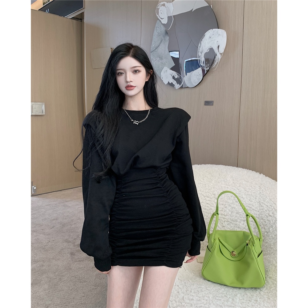 Váy Body Thu Đông Form Rộng, Chân Váy Xếp Ly Ôm