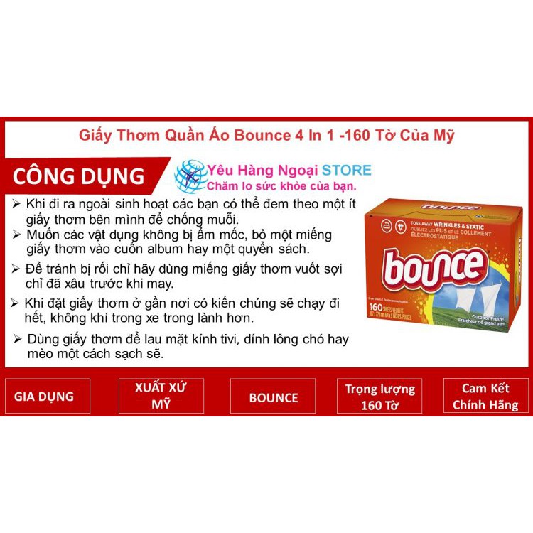 Giấy Thơm Quần Áo Bounce 4 in 1 -160 tờ của Mỹ ( Mùi Việt Kiều)