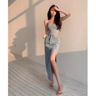 Chân váy dài bò xẻ tà cao sexy hai màu xanh đen