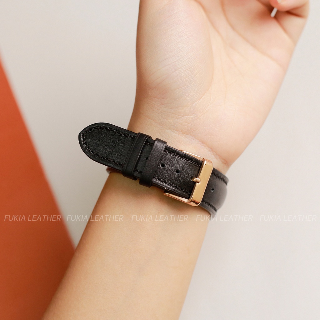 Dây da thủ công da bò trơn màu đen khoá kim dành cho Apple Watch, đồng hồ cơ