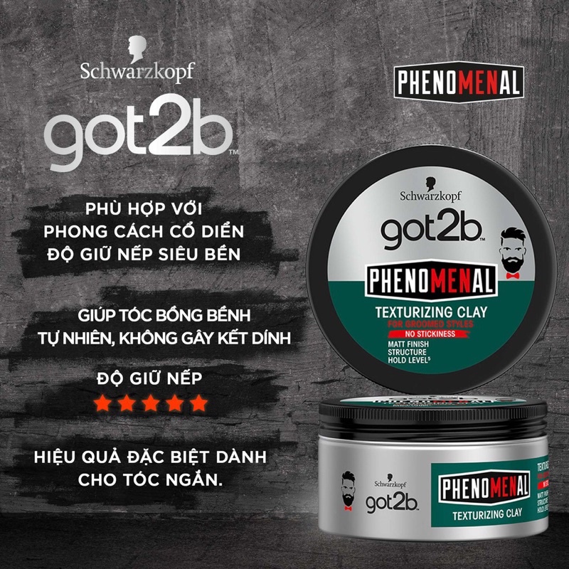 Sáp Vuốt Tóc Schwarzkopf Got2B Phenomenal Texturizing Clay, Moulding Paste (100ml)