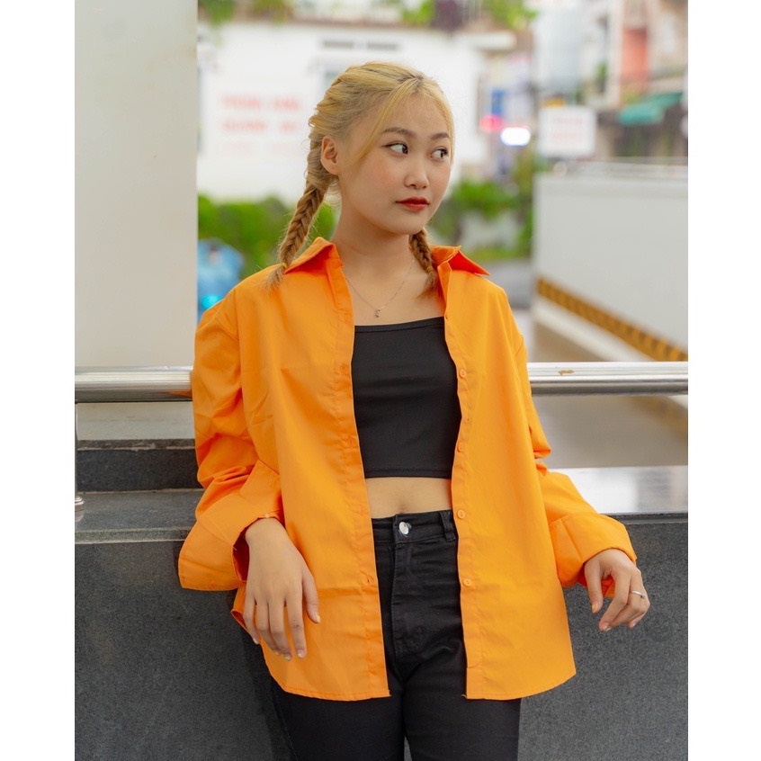 Áo sơ mi màu cam hot trend chất thô mềm tay dài duyendel
