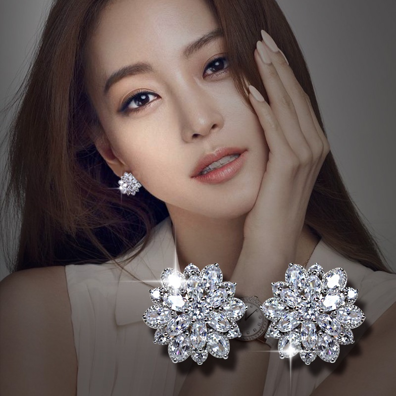 Bông Tai Mạ Bạc 925 Hình Hoa Đính Đá Zircon Toàn Diện Phong Cách Hàn Quốc Cho Cô Dâu