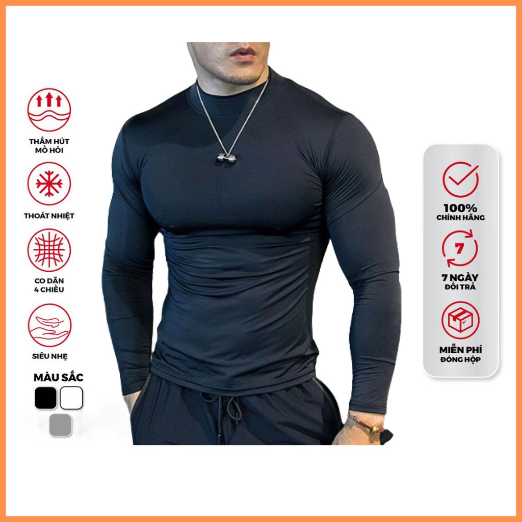Áo giữ nhiệt thể thao nam dài tay cổ cao BASIC chất thun spandex co dãn 4 chiều form ôm body co giãn chơi bóng đá gym