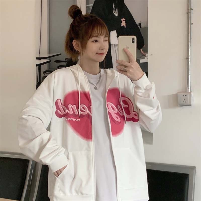 【ZHELIHANGFEI】Áo Hoodie Tay Dài Form Rộng Họa Tiết In Theo Phong Cách Preppy Dễ Phối Đồ