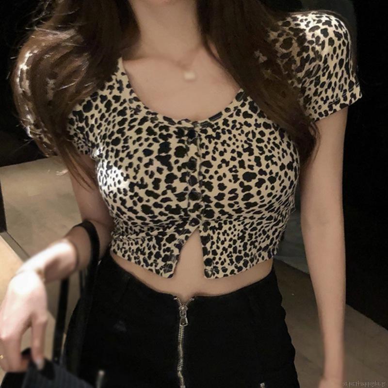 Áo Thun Croptop Nữ Họa Tiết Da Báo Cổ Tròn Tay Ngắn Hở Rốn Thời Trang Gợi Cảm