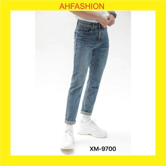 Quần bò nam đẹp xanh trơn cao cấp co dãn form chuẩn AHFASHION MS9700