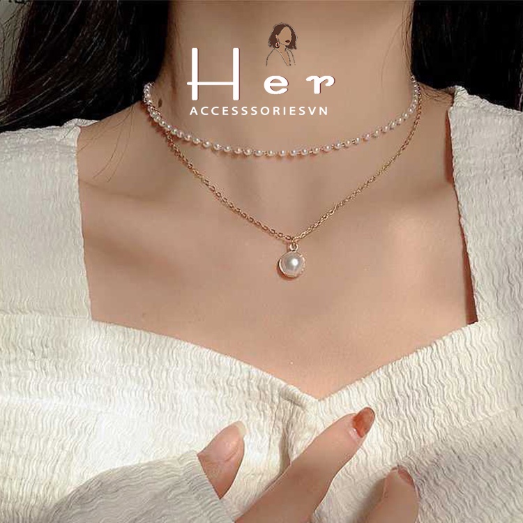 Dây chuyền nữ Vòng cổ nữ hạt trai chocker 2 tầng xinh xắn Her Accessories C29