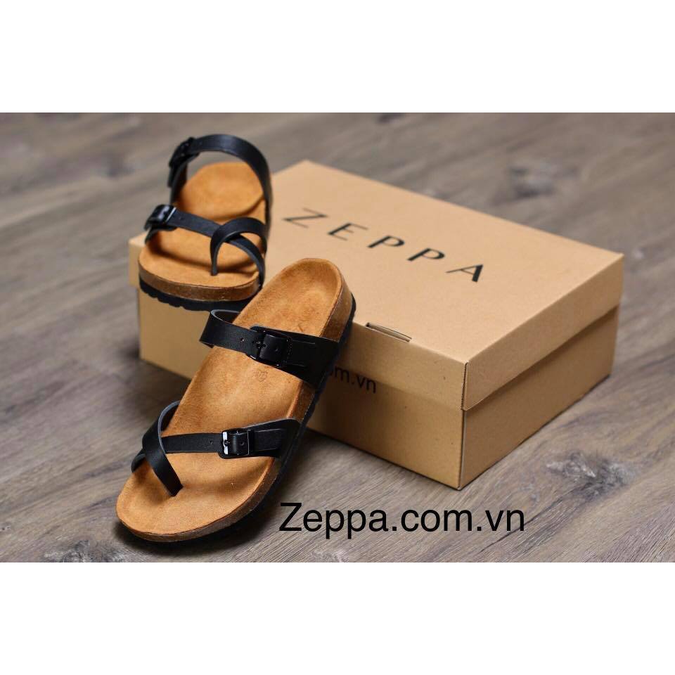 ZEPPA - DÉP XỎ NGÓN ĐEN 2 KHOÁ ĐẾ MỚI - Da bò thật 100%