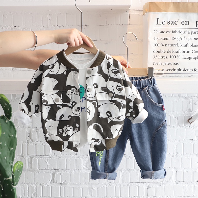 Set Áo Khoác Jeans Dài Tay + Áo Khoác + Quần Jeans Phong Cách Hàn Quốc Cho Bé Trai