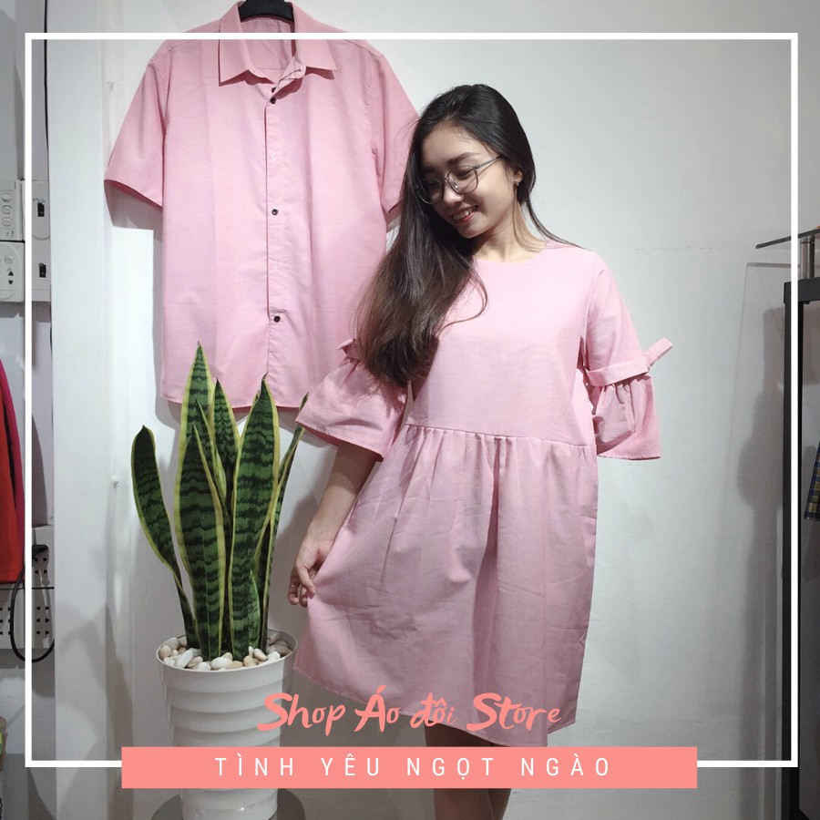Bộ áo váy sơ mi cặp, đồ đôi nam nữ dễ thương, chất đẹp để chụp hình cưới, đi du lịch