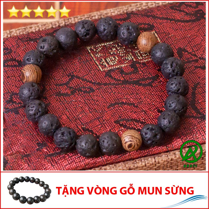 V215-10 Vòng tay nam đá núi lửa 10 ly - 3SC V215-10(GM)- Kèm Vòng Phong Thủy Gỗ Mun