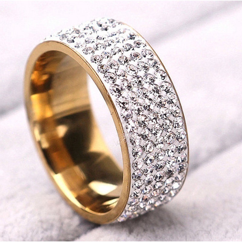 Nhẫn Đính Hôn Bằng Thép Không Gỉ 5 Hàng Pha Lê Trong Suốt Thời Trang